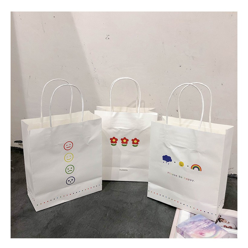【現貨】韓國ins風 彩色小花朵手提袋 白色雙面印花手提牛皮紙袋 購物袋送禮物禮品袋 拍照道具