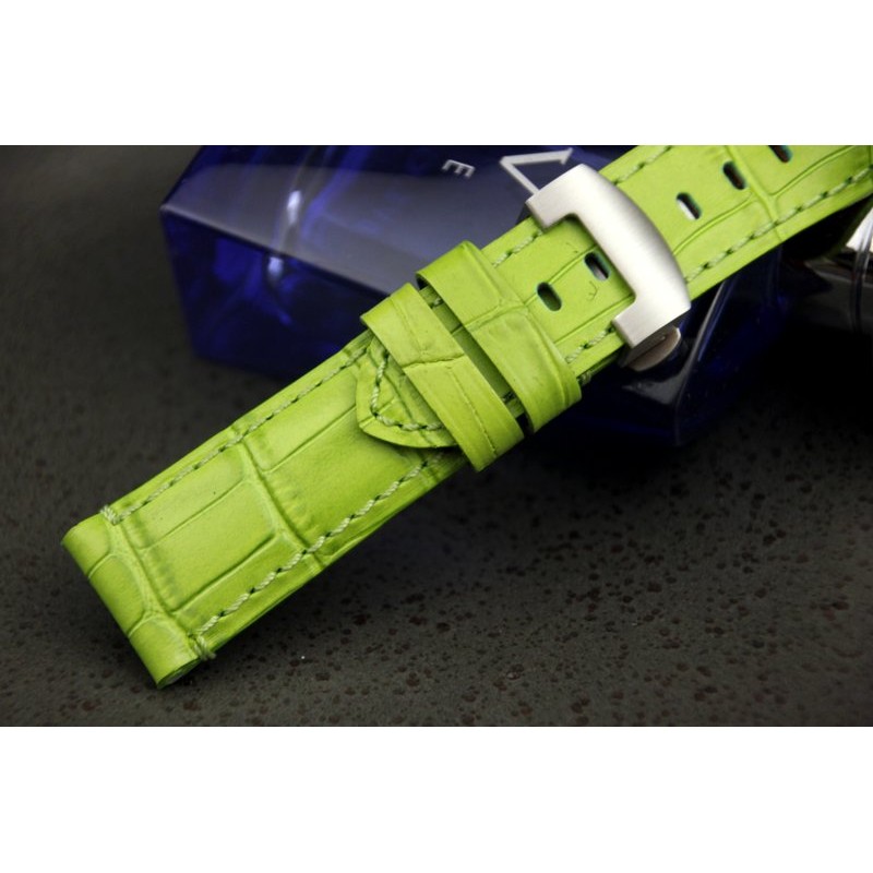 高質感蘋果綠色~24mm~可替代panerai沛那海原廠錶帶鱷魚皮紋牛皮錶帶雙按式不鏽鋼製飛機扣