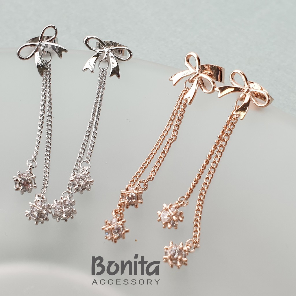 Bonita【925銀針】搖曳舞蝶結長鏈耳針耳環--700-9037