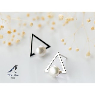 Pica Pica Mise]🕊 S925純銀 簡約閃亮 幾何三角形 珍珠耳釘 耳針 耳環 防過敏 抗敏不褪色 銀飾