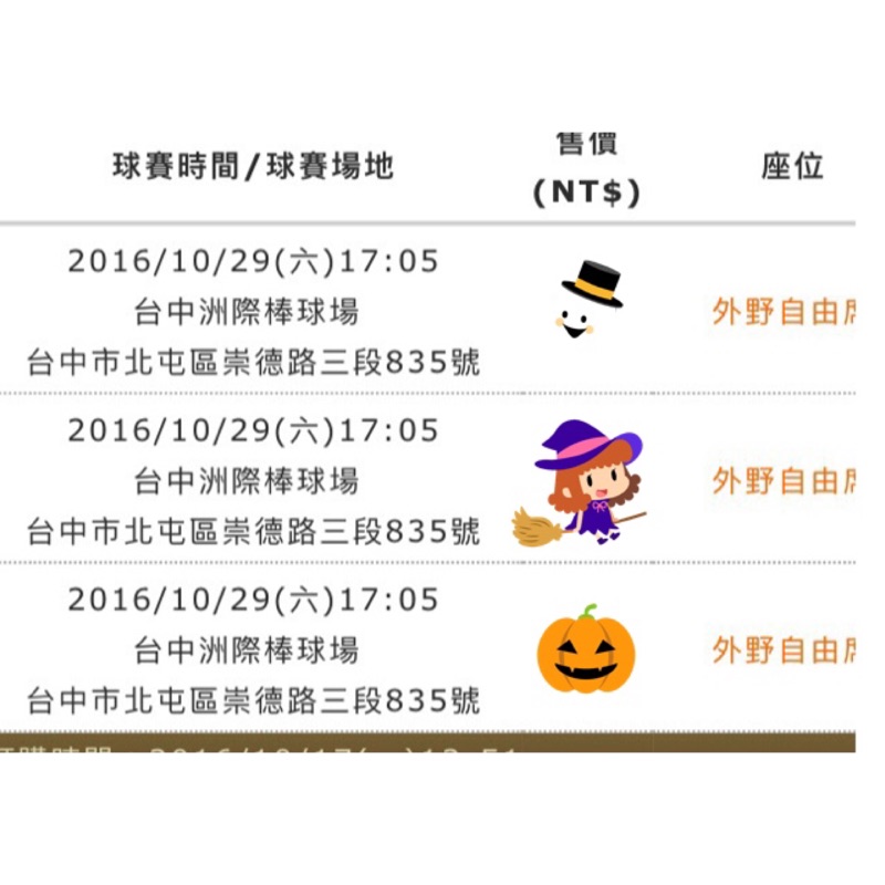 中華職棒總冠軍第六戰10/29（六）台中洲際棒球場 外野票