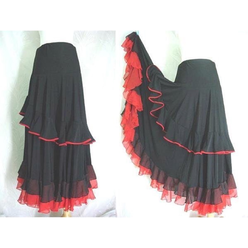 (現貨)紅邊紗黑色佛朗明哥舞裙層次裙襬奶絲裙腰圍25-30吋