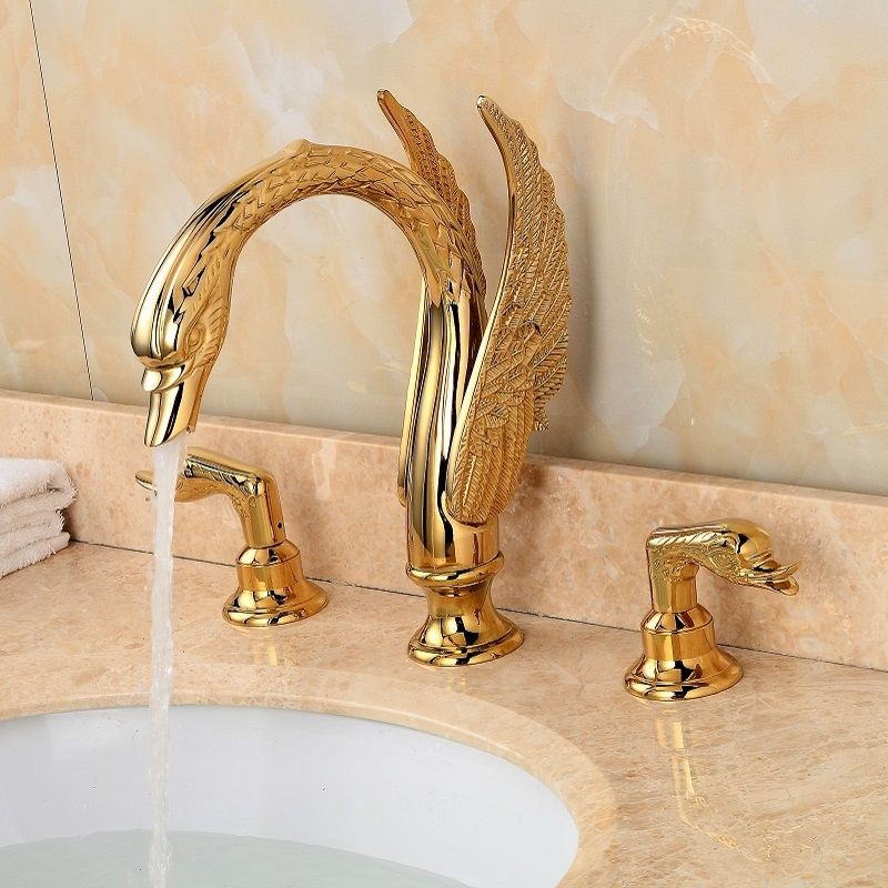 豪奢 金色 天鵝 面盆龍頭 洗臉盆 三孔 浴缸可用 水龍頭 水晶把手 天鵝龍頭 兩款可選 全銅
