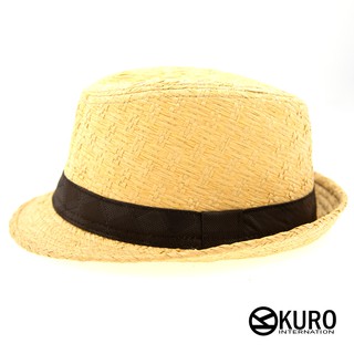 KURO-SHOP米黃色咖啡菱格帽帶草帽紳士帽