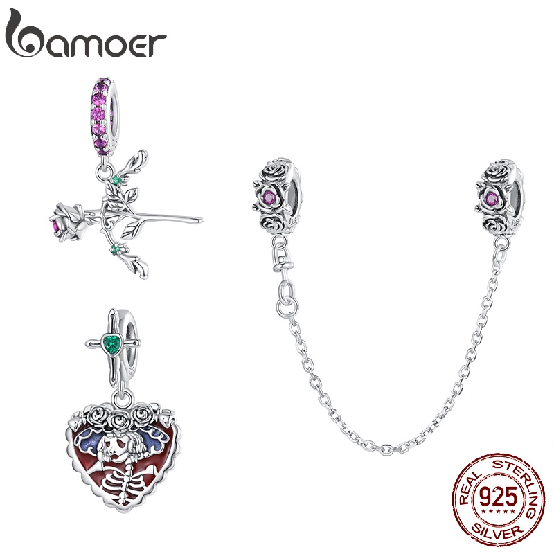 Bamoer 吊墜 925 銀骷髏女士玫瑰吊珠時尚 DIY 手鍊和項鍊配件