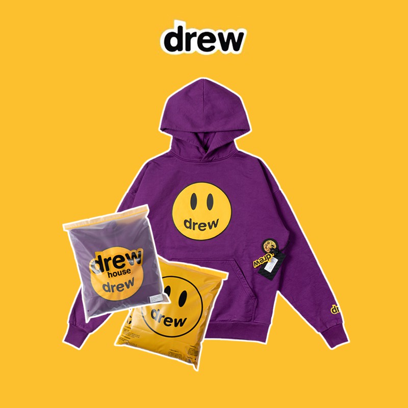 全新限量正品 Justin Bieber Drew House mascot hoodie 紫色笑臉男女情侶長袖衛衣帽T