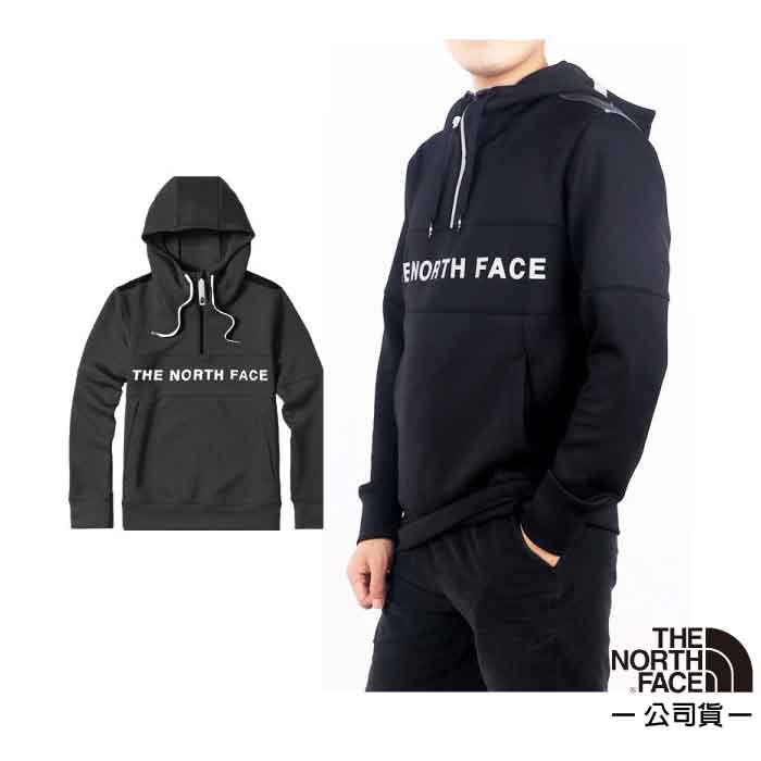 【美國 The North Face】經典款 半門襟_雙口袋快乾長袖連帽T ICON+雙層針織 排汗衣 46HC 黑 N