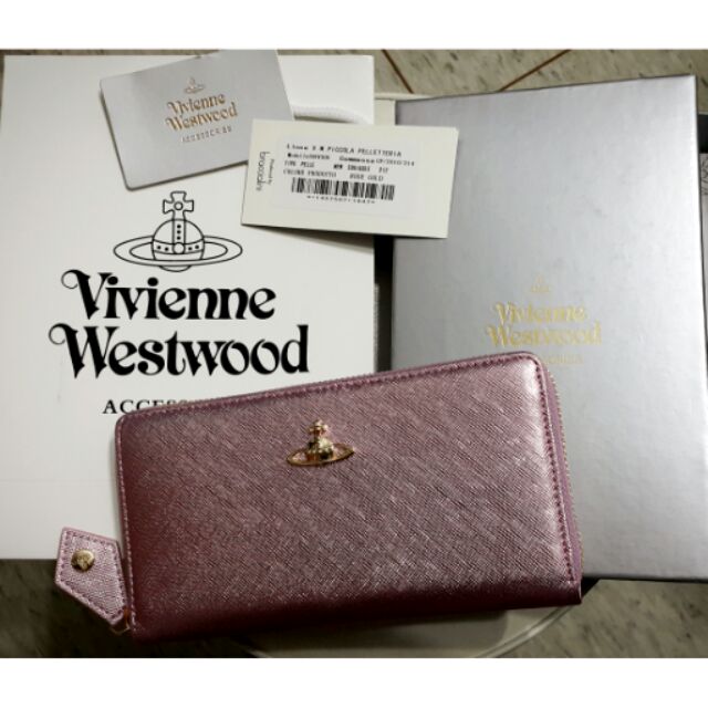 Vivienne Westwood粉金色長皮夾十字防刮紋 新正品