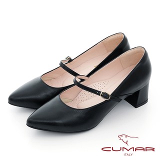 【CUMAR】優雅復古尖頭瑪莉珍粗跟鞋 - 黑色