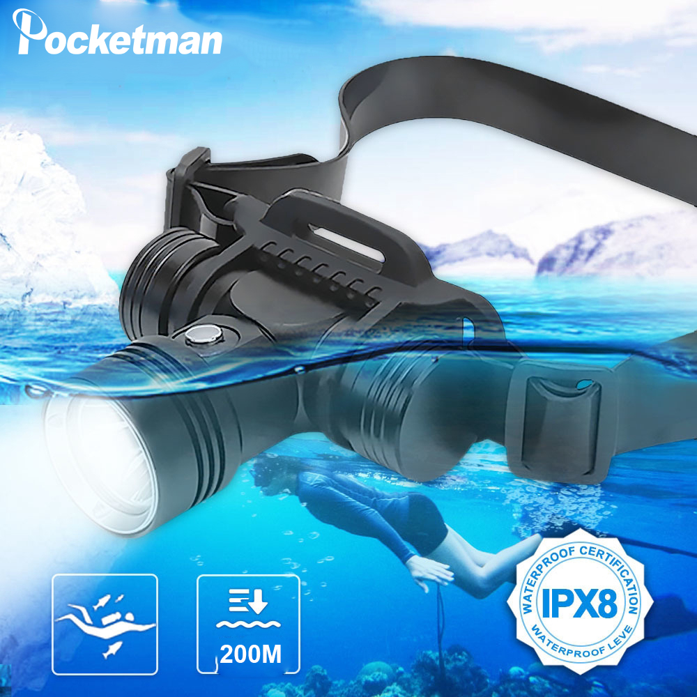 L2 LED 200米水下攝影視頻補光頭燈 20000流明潛水頭燈電量顯示功能潛水防水IPX8 18650電池水陸兩用