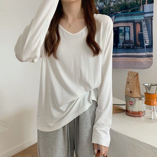 長袖t恤女 V領寬鬆上衣 早秋 慵懶上衣 韓版 顯瘦 素色打底衫 通勤 白色t恤 潮