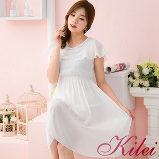 【Kilei】女裝 雪紡洋裝 連身洋裝 連身裙 飾釦竹節紗雪紡不規則波浪袖洋裝XA3742-02(氣質白)全尺碼