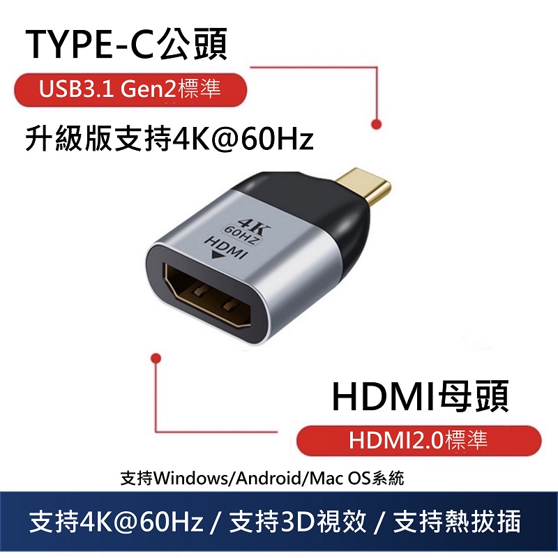 【台灣現貨】Type-C轉HDMI 4K轉接頭 HDMI 2.0版 HDMI2.0 Macbook pro typc