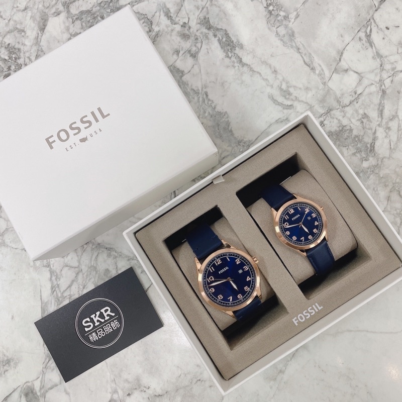 ［SKR精品服飾］Fossil 玫瑰金框 深藍錶盤 皮質錶帶 情侶錶 對錶