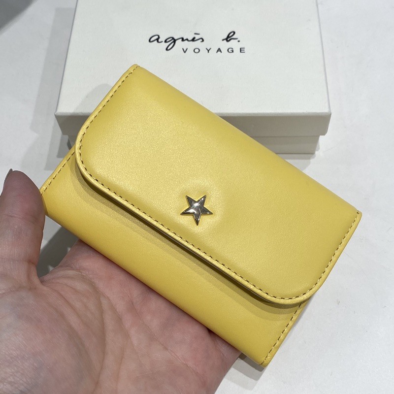 全新 agnes b 黃色 灰色 扣式 星星 點點 牛皮 信封 名片夾 卡夾 卡包 信用卡夾 保證真品 正品 女用 小b