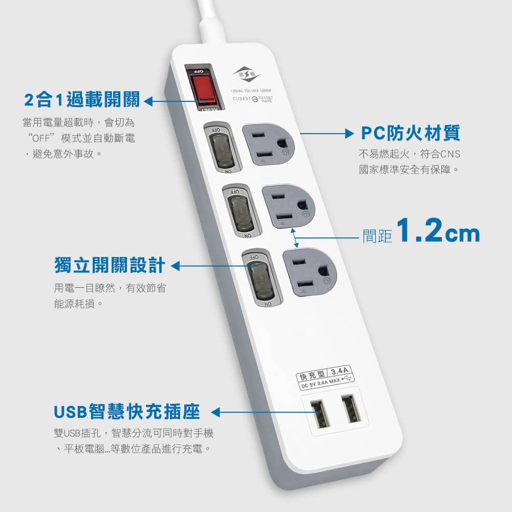 【威電】CU3431  USB智慧快充 電源延長線 4尺/6尺 3+1開關 3插座 3.4A智慧快充 過載斷電