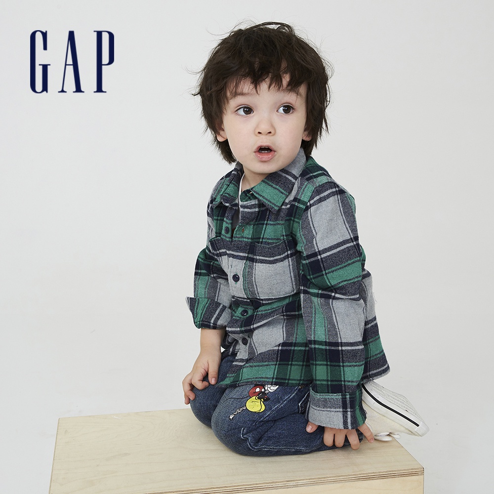 Gap 男幼童裝 純棉寬鬆格紋長袖襯衫-綠色格子(707875)