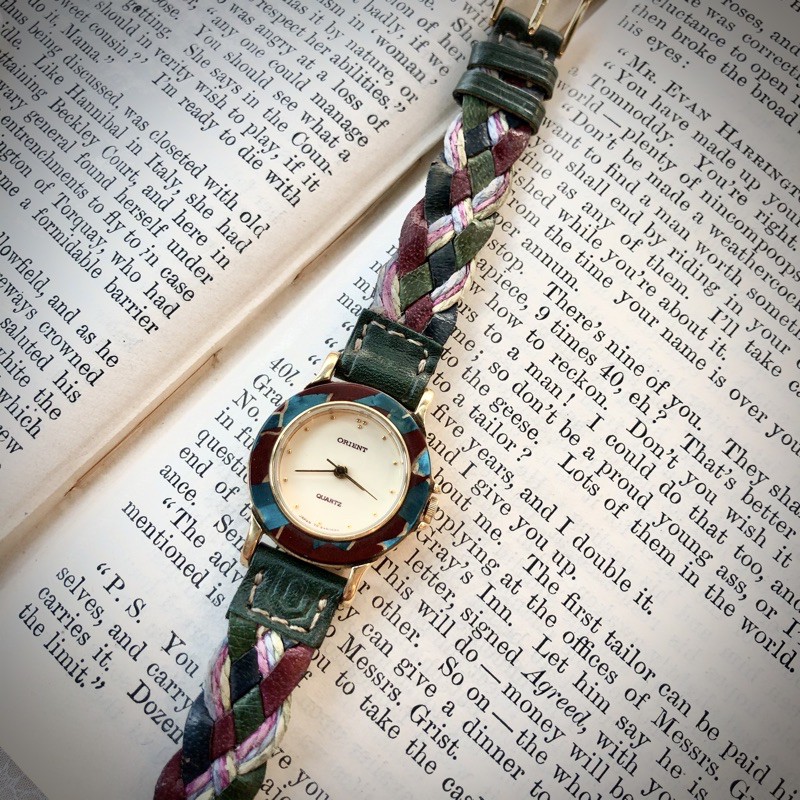 Vintage · ORIENT ·日本東方 美品 賽璐珞飾環錶面 編織錶帶 古董石英錶