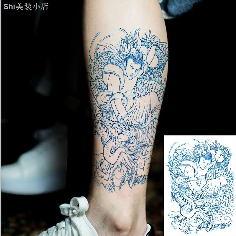 哪咤挑龍筋刺青色防水男女款紋身貼仿真持久貼紙騎龍哪吒青龍文身 蝦皮購物