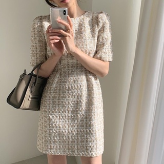 正韓！韓標秋冬made in Korea 新品實拍❤️美~~慘了 貴氣復古收腰小香風A字連身裙 洋裝 約會 婚禮 上班