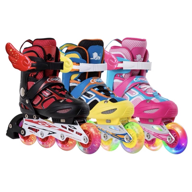 單鞋 美洲獅 溜冰 直排輪 鞋 兒童 可調節 單輪閃光 大童全套 帽 護具 粉紅 二手 歐規M 31-36 中高年級