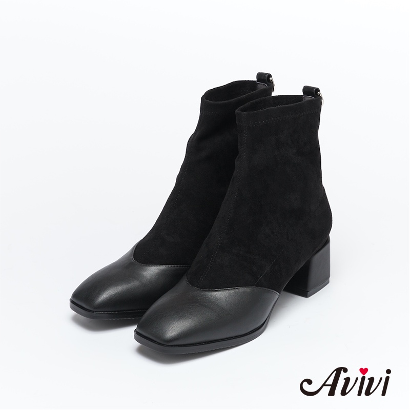 【Avivi】酷派個性拼接方頭粗跟彈力襪靴-黑色
