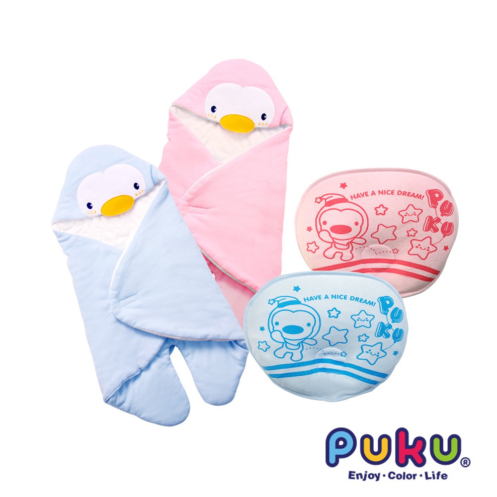 PUKU藍色企鵝 造型包巾+塑型乳膠枕