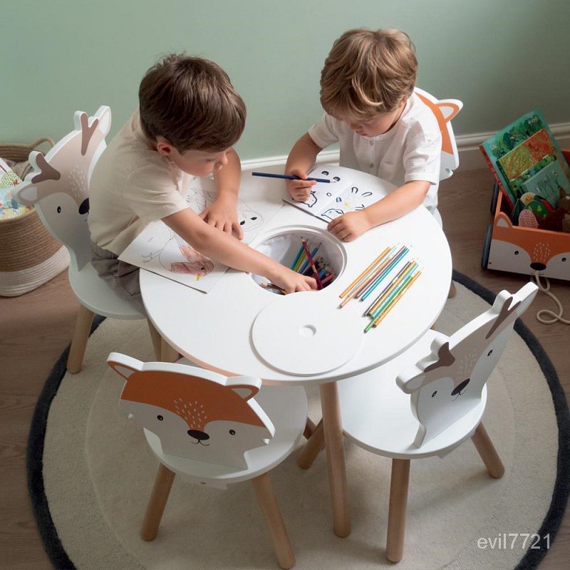 【兒童桌】兒童桌圓桌實木帶收納桌ins風白色桌寶寶幼兒園學習桌寫字桌畵畵 25OW
