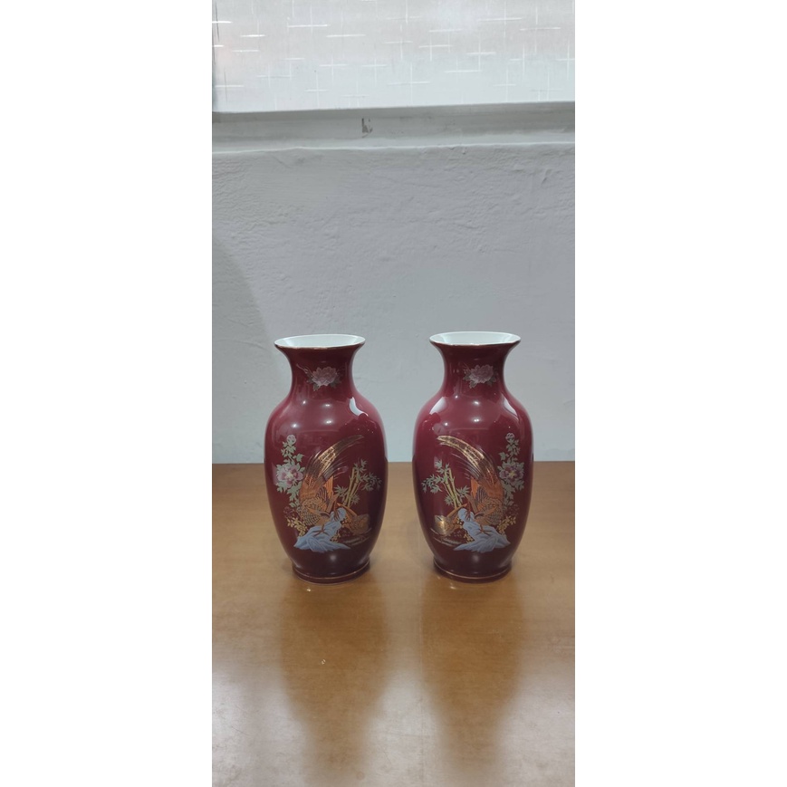 [免運] 陶瓷花瓶 朱紅色 一對 花瓶 花器 神桌 拜拜 宗教用品 藝品 插花 二手 免運