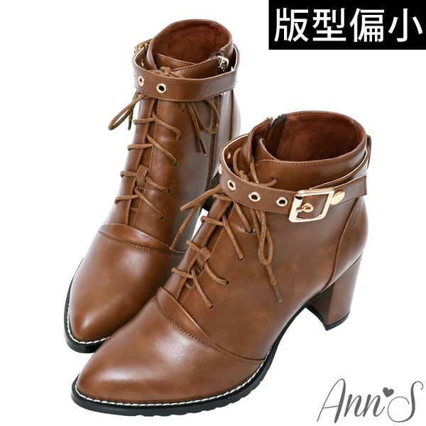 Ann’S美靴模範生-造型綁帶可拆式扣帶尖頭粗跟短靴7cm-棕(版型偏小)