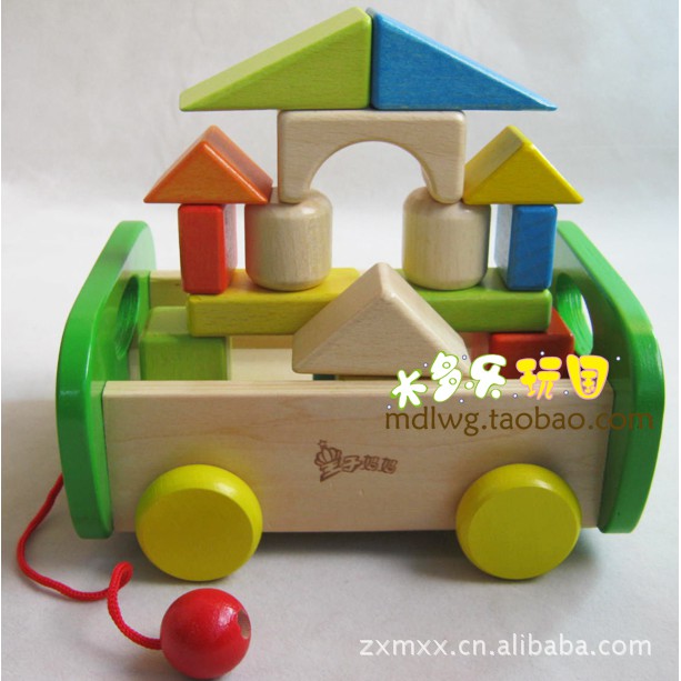 現貨〔木製玩具】17顆積木玩具 拖車拉車拚疊玩具盒 ♥原木拼裝積木 ♥ 拖車積木兒童玩具  拖車 拉車 兒童積木玩具