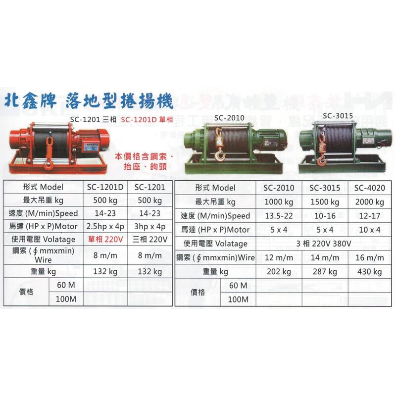 北鑫牌 SC系列 落地型捲揚機 SC-1201D/1201/2010/3015 鋼索式 電動絞盤機 捲揚機