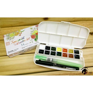 日本Kuretake吳竹 ZIG 14色 塊狀 透明水彩套組 寫生盒(附代針筆、水筆)
