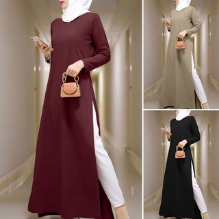 ZANZEA女裝穆斯林休閒時尚後領鈕扣純色側開叉連衣裙