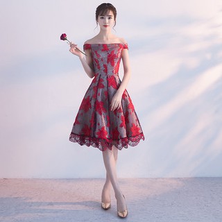 晚禮服2017新款夏季蕾絲韓式晚裝宴會主持一字肩禮服顯瘦連衣裙女(本禮服出售/出租均可) A219