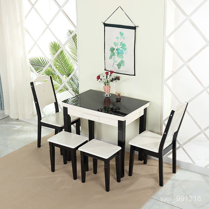 鋼化玻璃餐桌 多功能折疊桌4人 小戶型實木餐桌 傢用長方形喫飯桌 HMKM