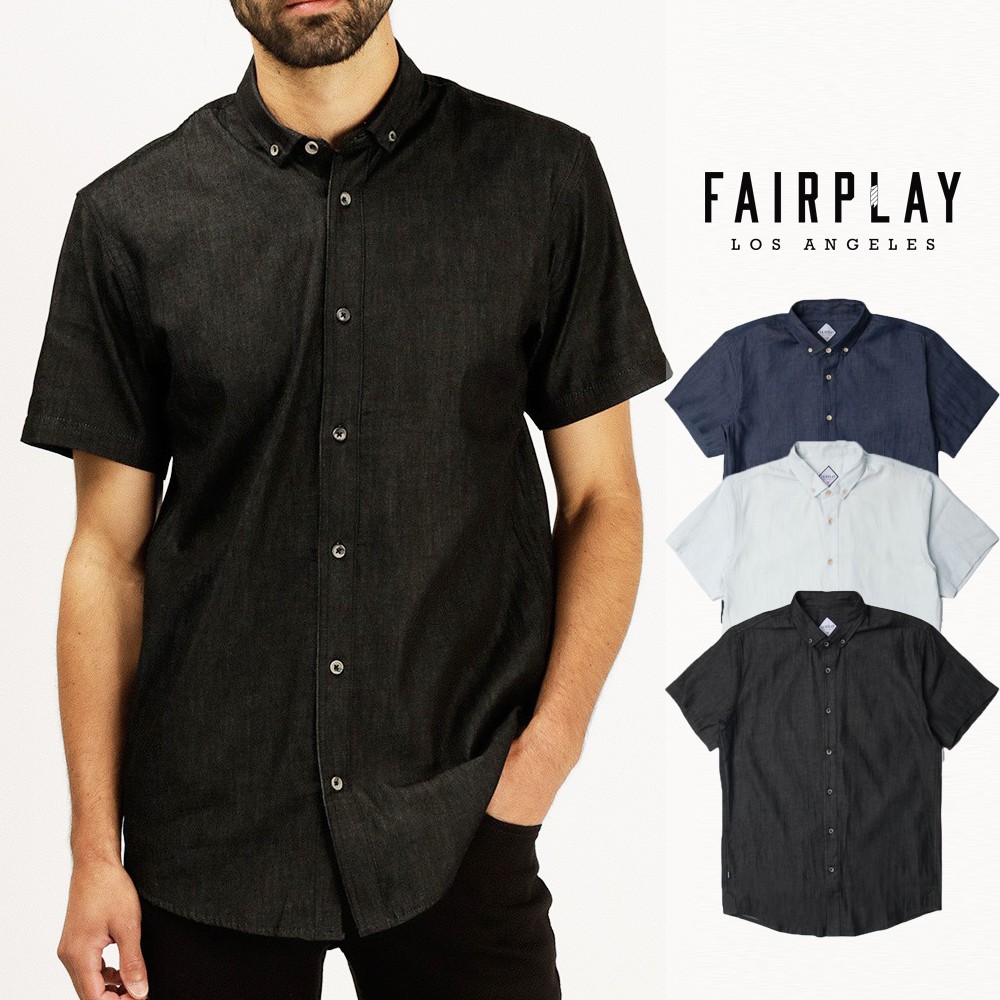 FairPlay Dave 黑 藍 短袖襯衫 休閒 素色 純棉 基本款 圓弧下擺 O/T