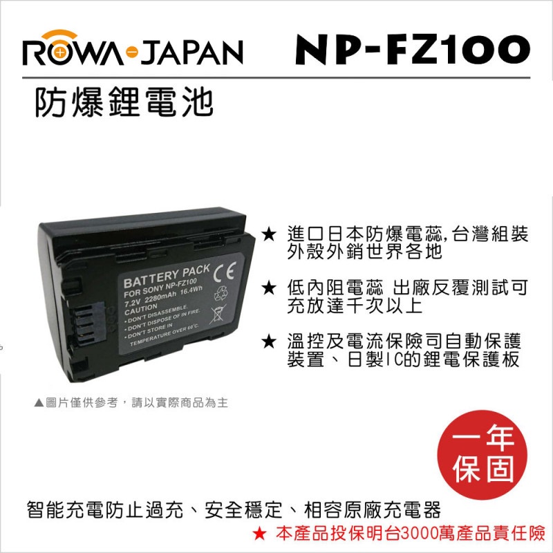 ROWA 樂華 FOR SONY NP-FZ100 NPFZ100 電池 原廠充電器可用 ILCE-9 A7RIII a