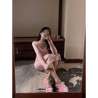 🇰🇷Korea韓國連線·正韓 U領側開叉連身洋裝 連身裙 長洋裝 長袖洋裝 大U領 合身洋裝 韓國代購 東大門