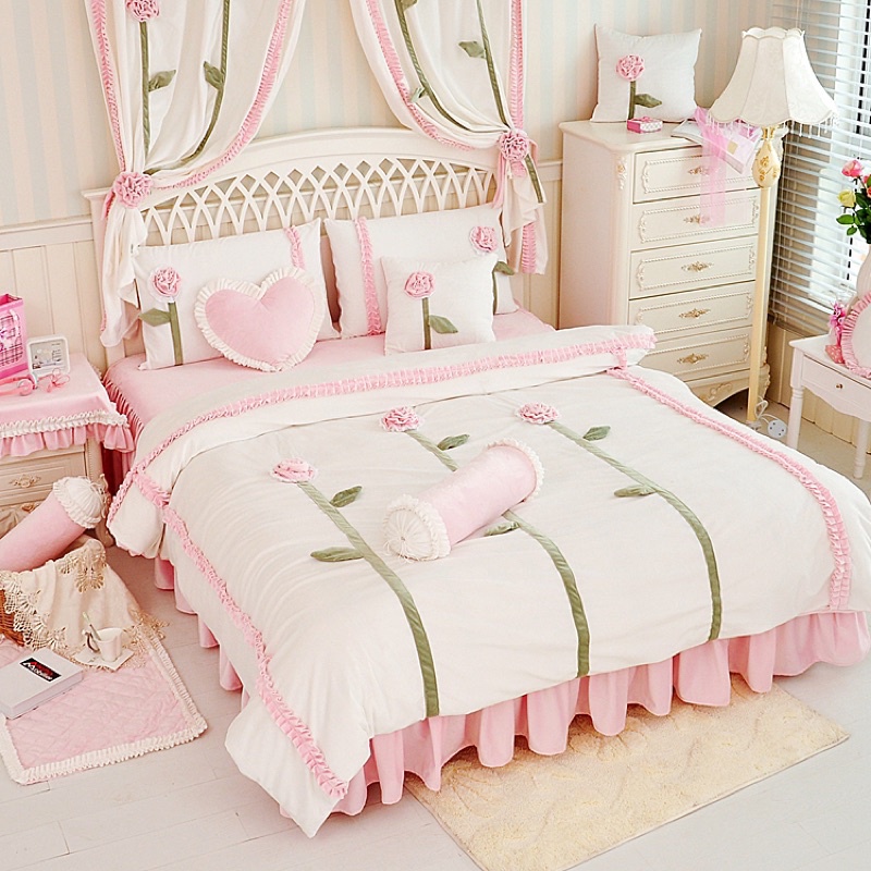 法蘭絨 花朵 🌺 粉白 被套+枕套+床罩 床裙組 床罩組 溫暖 柔軟