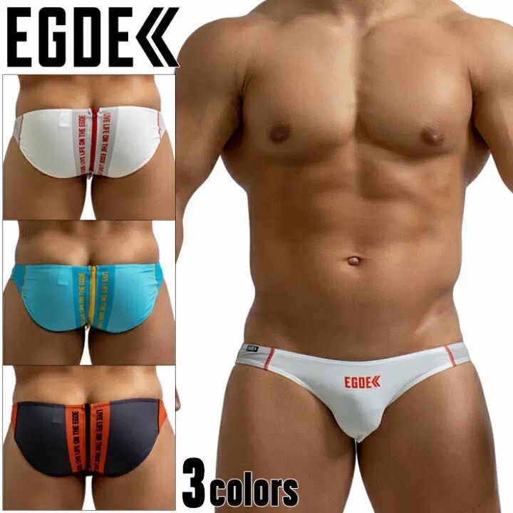 【全新】EGDE男性性感後拉鍊低腰三角內褲－M橘黑款