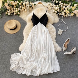 法國派對雪紡洋裝時尚復古 V 領黑色白色拼布吊帶洋裝女士優雅修身百褶沙灘裙