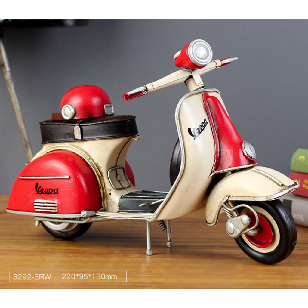 偉士牌 Vespa 手工製作1965Y  復古鐵皮車模型-紅白前座輪胎款