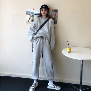 💯韓系高品質套裝💯臺灣現貨-韓系秋冬新款ins加絨寬鬆長袖衛衣女生套裝+高腰休閒運動褲 灰色兩件套