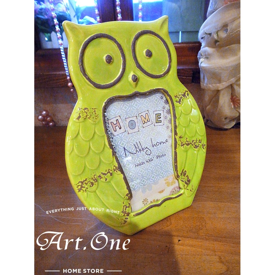 AW137100 鄉村風 陶瓷蘋果綠貓頭鷹相框 擺飾