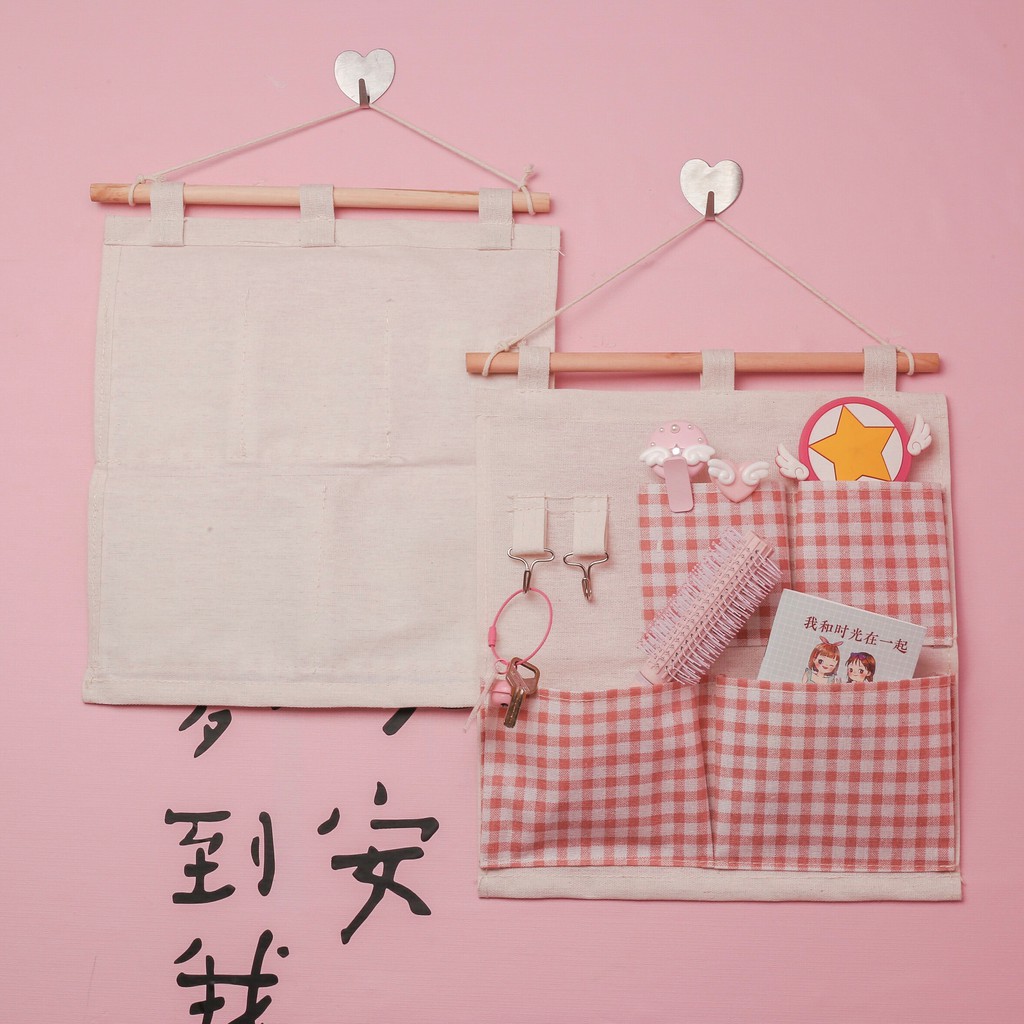 『台灣現貨』少女ins掛墻收納袋 置物架 小物品粉色整理箱 布藝日系收納袋 小布袋小件掛墻