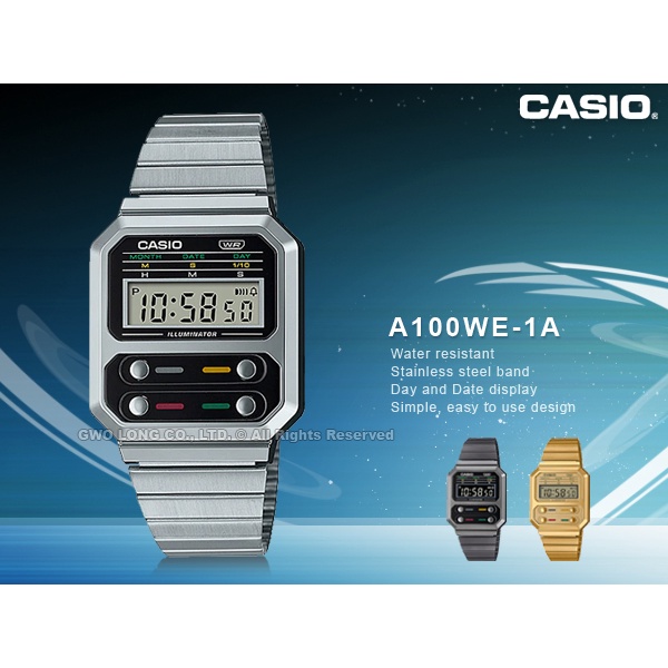 CASIO 卡西歐 電子錶 A100WE-1A 不鏽鋼錶帶 復古 日常生活防水 A100WE 國隆 手錶專賣店