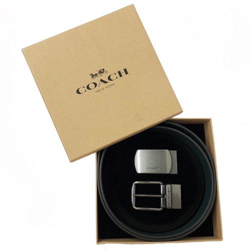 【COACH】雙釦頭PVC/牛皮雙面寬版皮帶原廠禮盒(黑灰/墨綠)