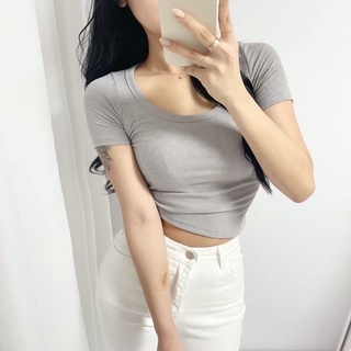 Winni shop韓國連線✈️正韓 U領螺紋短版短袖T 上衣 T恤 短袖上衣 短袖T恤 短版上衣 短版T 合身 貼身