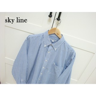 sky line/男裝 經典基本款釘釦領直條紋長袖襯衫上班族 水藍色 女生也可以穿 中性穿搭(特價品)